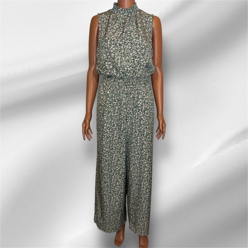 Green Floral High Neckline Jumpsuit Size Medium